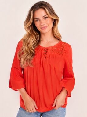 New Directions Women's Orange Red Blouse w/ Lace Detail & Bell Sleeves, size M